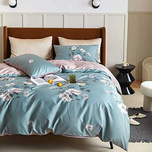 Cotton Duvet Cover Sets Green Pink Vintage Floral Pattern Bedding Sets - Luxury Elegant Country Style Flowers Duvet Cover with Two Pillowcase, 3 Pcs King Bedding Sets (No Comforter) (Flower 2 Queen (1