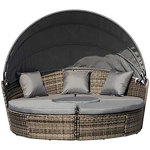 Outsunny 5 Piece Cushioned Outdoor Plastic Rattan Wicker Round Sofa Bed Coffee Table Sectional Patio Conversation Furniture Set - Deep Grey