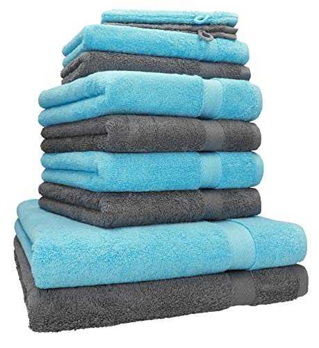 Betz 10 Piece Towel Set PREMIUM 2 Wash Mitts 16x21 cm 2 Guest Towels 30x50 cm 4 Hand Towels 50x100 cm 2 Bath Towels 70x140 cm 100% Cotton colour anthracite grey and turquoise