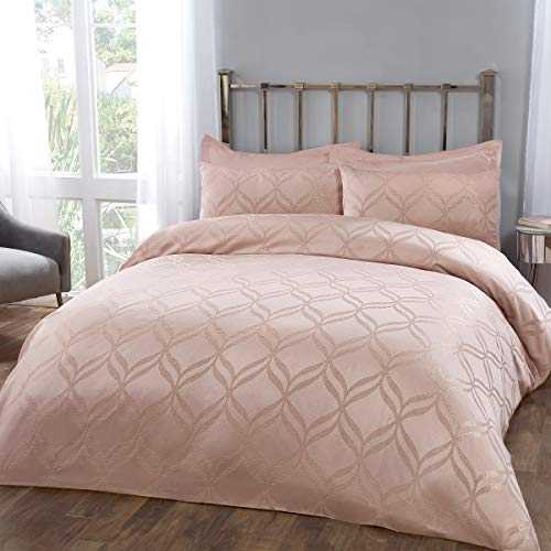 Sleepdown Super Soft Curved Geometric Luxury Lurex Jacquard Blush Pink Easy Care Cosy Duvet Cover Quilt Bedding Set with Pillowcases - Double (200cm x 200cm)
