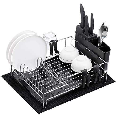 alvorog Anti-Rust Dish Drainer with Removable Drip Tray, Cutlery Holder and Cup Holder, Microfiber Dish Drying Mat, Draining Board, Ideal Dish Rack in Kitchen(One)