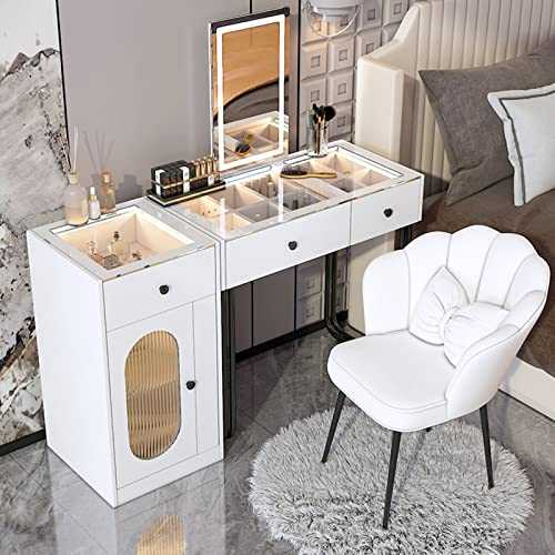 Modern Vanity Table for Bedroom, LED Lighted Mirror, 3 Large Drawers with Clear Tempered Glass Top, Side Cabinet, Makeup Vanity Desk Set with Cushioned Stool, Gift Idea ( Color : Clear Glass Top , Siz