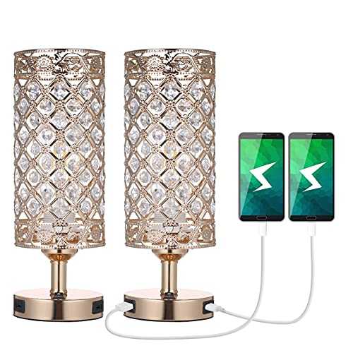 Tomshin-e Set of 2 Bedside lamp Crystal Table Lamp for Bedroom with 2 Fast Charging Port,Pairs of Nightstand Lamp for Living Room(Golden)