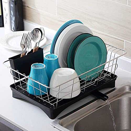 ANTOWIN Dish Drying Rack, Dish Drainer Rack Set with Drain Board Tray for Kitchen Counter, Utensil Holder, Cleaning Brush, Stainless Steel Rust Proof Water Proof, 16" x 11" x 5"