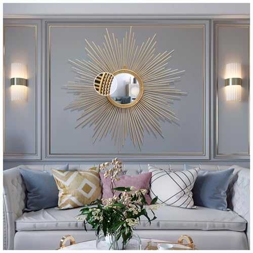 Sunburst Wall Mirror, Large Round Metal Starburst Decorative Wall Mirror, Dining Room, Living Room, Hallway Porch Decorative Hanging Mirror,Gold,70