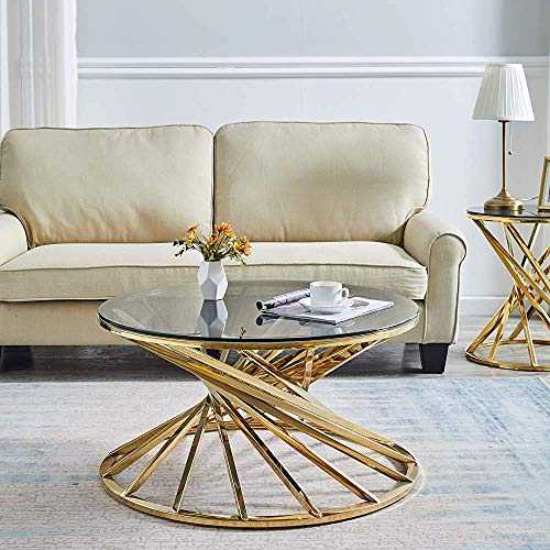 JXJ Circular Living Room Coffee Table Glass Coffee Table Stainless Steel, Round 50 cm,Gold-Round 80cm