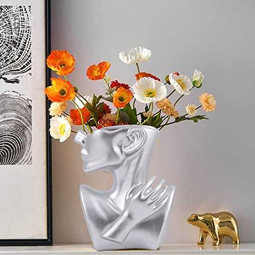 Dasing Ceramics Face Vase Statue Flower Vase, Portrait Vase Statue Abstract Flower Pots Decorative Tabletop Vase Home Resin Art Home Decor-Silver