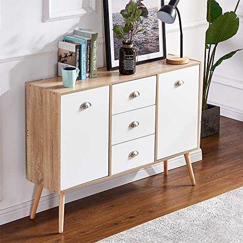 Redd Royal Classic White & Oak Finish Wooden Sideboard, Space Saving Storage Cabinet Freestanding Cupboard Credenza for Kitchen, Living Room (3 Drawer 2 Door)