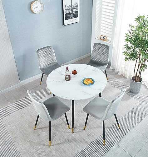 Hallowood Furniture Finley Small Round Dining Table and Chairs Set 4, Dining Table in White Marble Effect Top & Velvet Chairs with Black Metal Legs, Dining Sets for Home & Cafe