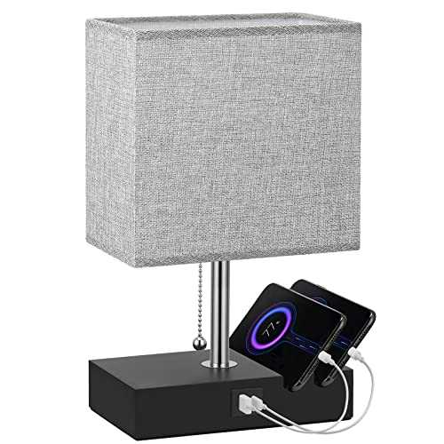 USB Table Lamp with 2 Useful USB Ports, Aooshine USB Bedside Lamp, Suitable for Nightstand Lamp or Bedroom Lamps, Grey Fabric Shade Bedside Table Lamp, with 2 Convenient Phone Stand On The Base