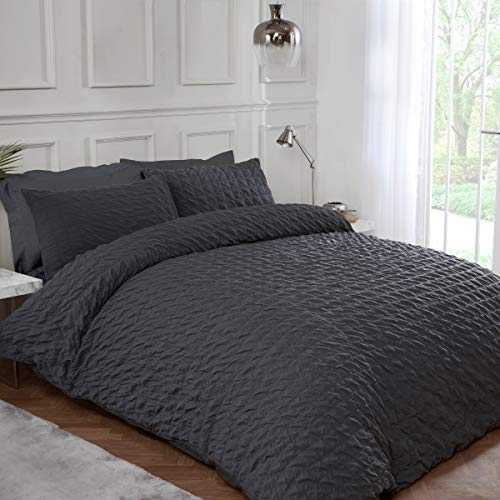 Sleepdown Oversized Seersucker Textured Luxury Charcoal Grey Cotton Plain Reverse Soft Easy Care Duvet Cover Quilt Bedding Set with Pillowcases - Double (200cm x 200cm)