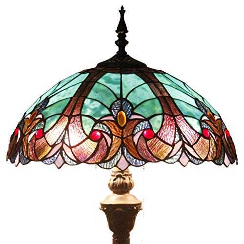 Tiffany Floor Lamp W16H64 Inch Green Stained Glass Liaison Style Shade 2E27 Antique Standing Reading Lighting Base S160G WERFACTORY LAMPS Bedroom Coffee Table Living Room Bookcase Dresser Lover Gifts