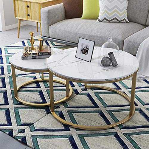 Home Décor Furniture Sets of 2 Living Room Overlapping Ending Cocktail Tables, Home Decor Stacking Nesting Table Sets | Round Tea/Coffee Tables, Marble Pattern MDF Desk Top Living Room or Lounge
