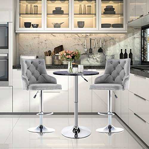 Vanimeu Velvet Bar Stool Chairs Set of 2,Breakfast Kitchen Counter Chairs with Chrome Steel Footstool and Backrest,Bar Chairs with Rotary Lifter for Counter, Kitchen Island and Home (Grey)