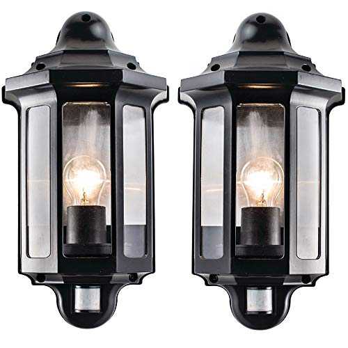 2 Pack | 60W E27 GLS | IP44 Rated Outdoor Wall Light | Satin Black & Clear PC PIR Half Lantern | Traditional Porch Path Motion Sensor Detect Lamp | Moisture Resistant External Outdoor | LED Dimmable