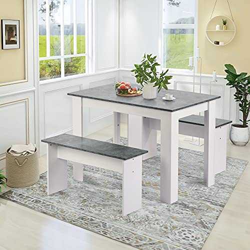 Sapphome 2 Benches Table Set for Kitchen, Dining Room, Small Space Artificial Marble (Grey and White), One Size
