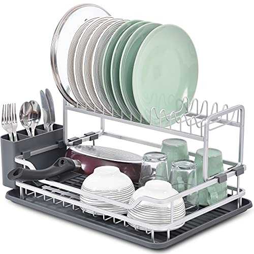 KINGRACK Aluminium 2 Tier Dish Drainer Rack Free Installation Dish Rack Collapsible Dish Drying Rack Plate Rack With Drip Tray and Cutlery Holder Drainer For Household Kitchen
