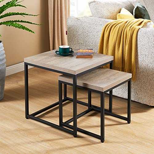 CENSI Grey Oak Nesting Coffee Table/Side Table/End Table Set of 2, 20 Inch Modern Square Stacking Reclaimed Wood Metal Coffee Table for Living Room(Grey Wash)
