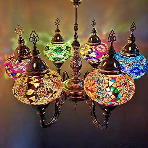 Handmade Silver Turkish Moroccan Arabian Eastern Bohemian Tiffany Style Glass Mosaic Coloured Ceiling Hanging 6 Ball Chandelier Lamps Light CE Approved UK Safety Standard
