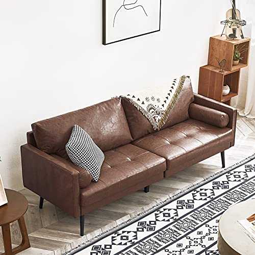 Vonanda Faux Leather Sofa Couch, Mid-Century Handmade 74 Inch 3-Seater Sofa with A Comfy Tufted Back Cushion & Two Round Pillows for Compact Living Room, Chestnut Brown