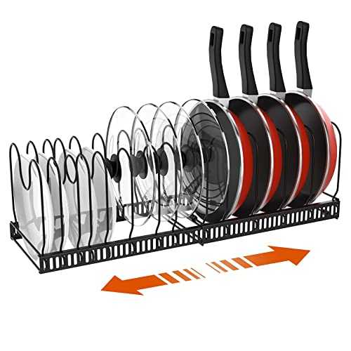 Housolution Pan Organiser Pot Lid Rack With 14 Adjustable Dividers, Expandable Kitchen Cupboard Organiser Bakeware Rack Plate Racks for Kitchen, Black