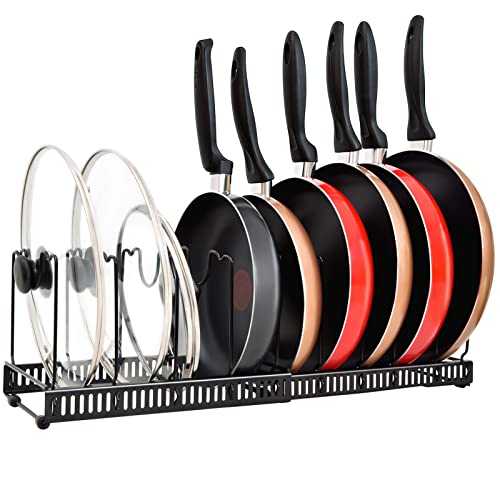 JANFOUR Expandable Pots and Pans Organizer for Cabinet, Adjustable Pot Rack Organizers Pans and Pots Lid Holder for Kitchen Cabinet ,Cookware Baking Frying Rack with 10 Adjustable Compartments,Black