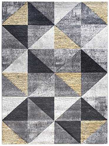 SrS Rugs® Impulse Collection, Rug for Living Room, Bedroom, Hallway, Contemporary Abstract Geometric Triangle Design with 10mm Soft Pile. 8 Colours, 6 Sizes (Yellow, 200cm x 300cm)