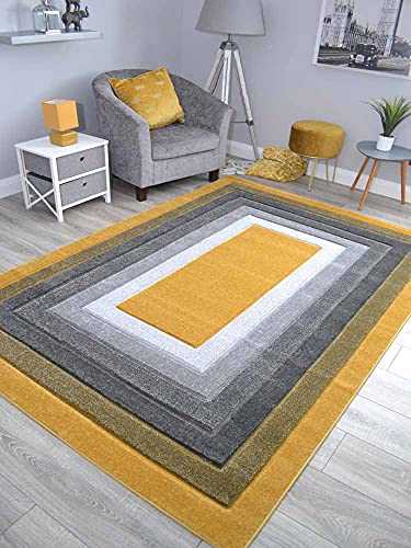 New Hand Carved Ochre Gold Grey Mustard Black Silver Small Extra Large Size House Rugs Cheap (Ochre Gold Border, 200cm x 300cm)