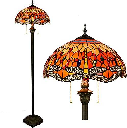 16 Inch Tiffany Style Floor Standing Lamp Retro Baroque Stained Glass Lampshade Floor Light Bedroom Room Living Room Reading Lighting E26×2 Modern Standing Lamp Piano Office Lamp,Orange
