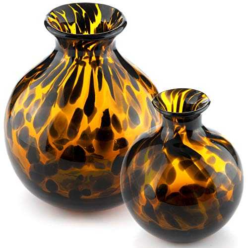 2 Piece Decorative Round Glass Bud Vases for Flowers in Black Brown Animal Print for Modern Home Decor Centrepiece Living Room Dining Coffee Table Desk Bedroom Gift 4.5 & 6 in/11.4 & 15.2cm Tall
