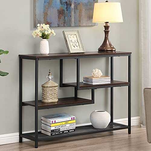 FIVEGIVEN Narrow Console Table for Entryway Hallway Table with Storage Shelves for Living Room Espresso Industrial