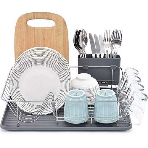 Kingrack Dish Drainer with Drip Tray,Grey Dish Rack with Large Capacity,Dish Drying Rack with External Cutlery Holder,Removable Draining Board,Cup Holder,Compact Kitchen Drainers WK810338