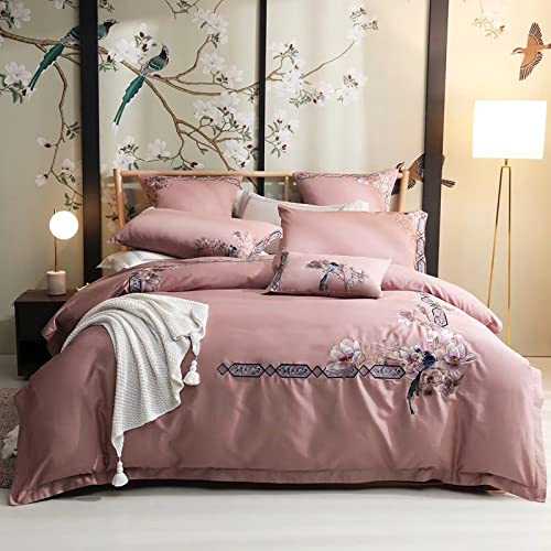 SDGF-YTR Duvet Cover Set 4 Pieces Set Light Luxury Jacquard Satin Embroidered Duvet/Quilt Cover Bedding Sets with Pillow Cases - Pink (Size: King/Queen) (6pcs Queen)
