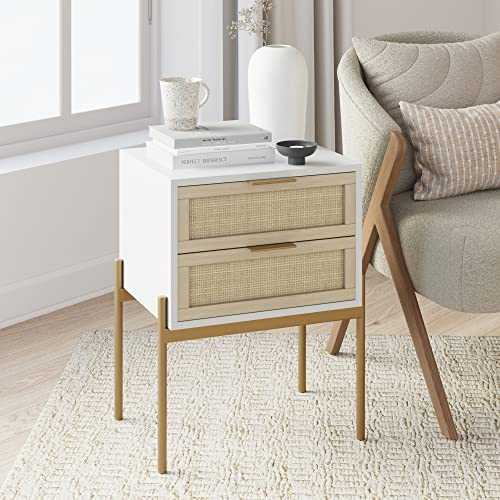 Nathan James Andrew Nightstand, Accent Bedside End Side Table with Storage Drawer, and Mid-Century Modern Legs for Living Room or Bedroom, 1, White/Cane/Gold