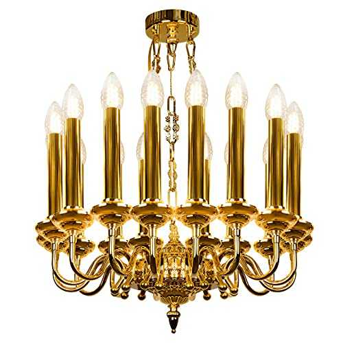 Gold Chandelier, Luxury Classic French Empire Candle Lighting Fixtures for Living Room, Flush Mount Golden Chandelier Pendant Ceiling Lighting Adjustable Hanging for Dining Room Restaurant, E14 x 15