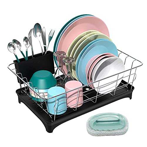 ANTOWIN Dish Drying Rack, Dish Drainer Rack Set with Drain Board Tray for Kitchen Counter, Utensil Holder, Cleaning Brush, Stainless Steel Rust Proof Water Proof, 16" x 11" x 5"