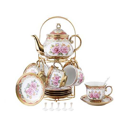 ufengke 13 Piece European Titanium Gold Tea Set,Rose Printing Vintage Ceramic Tea Set Service Coffee Set,For Gift And Household