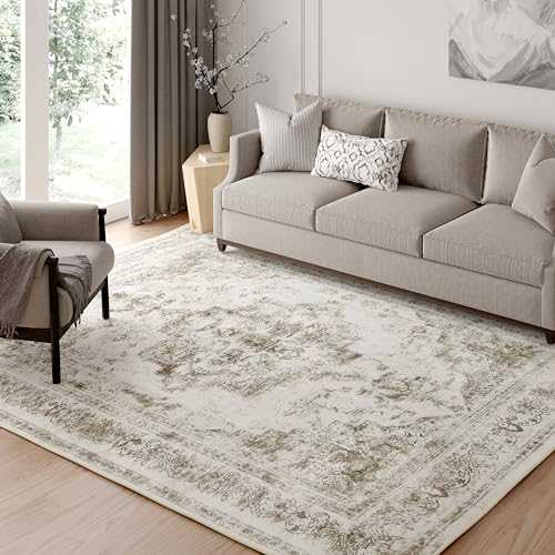 PureCozy Vintage Area Rug 5x7 Indoor Bedroom Rug Kitchen Taupe Medallion Washable Living Room Carpet Retro Accent Throw Rug Brown Distressed Rug for Office Dining Room Bathroom