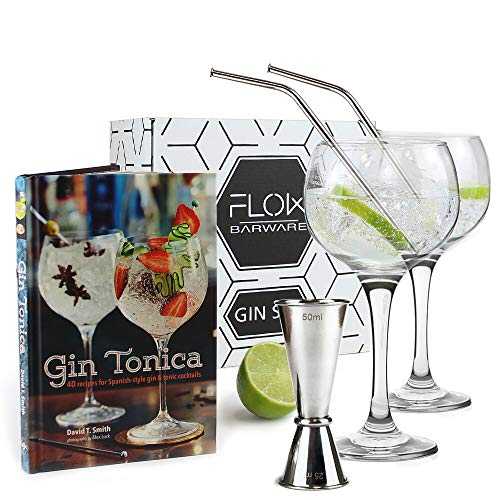 Balloon Gin Glasses & Gin Cocktail Recipe Book Gift Set by FLOW Barware - Gift Boxed G&T Set, Copa Gin Glasses, Metal Straws/Stirrers, Drinks Jigger & Gin Cocktail Recipe Book