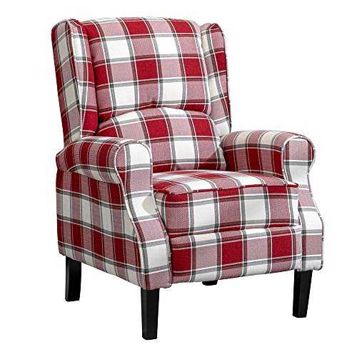 HUISEN furniture Living Room Comfy Recliner Armchair Red Checked Fabric Upholstered Wing Back Chairs with Arms for Lounge Bedroom Home Gaming (Red Tartan)