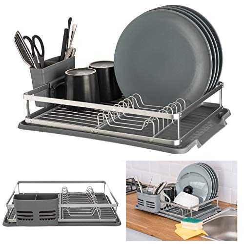 LIVIVO Aluminium Dish Drainer Crockery Cutlery Dish Drying Rack with Removable Drip Tray Utensils Cutlery Holder Draining Board – Ideal for Kitchen Countertop Plates Cups Glasses Tidy Organiser Grey
