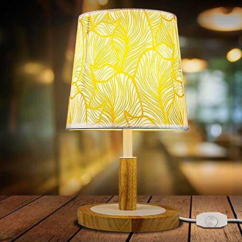 Wood Bedside Table Lamp, Dimmable Desk Lamps Nightstand Lamps with Palm Leaf Shade and Wooden Base for Bedroom Living Room, Study Room LED Bulbs Included (White line)