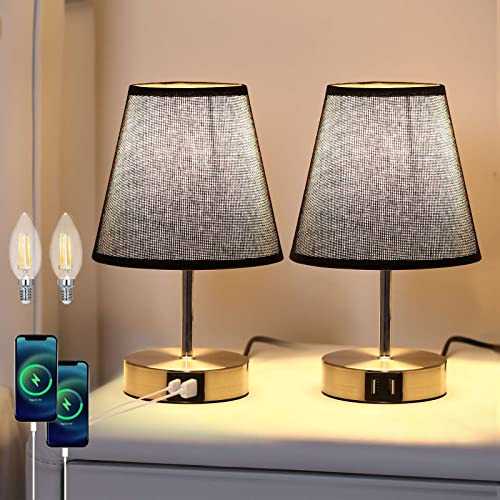 Lightess 2 Pack Bedside Table Lamp 2 USB Nightstand Lamp Touch Dimmable 3-Way Brightness Table Light for Living Room Office Hotel Restaurant Inc. 2 Warm White E14 Bulbs - Hat Black