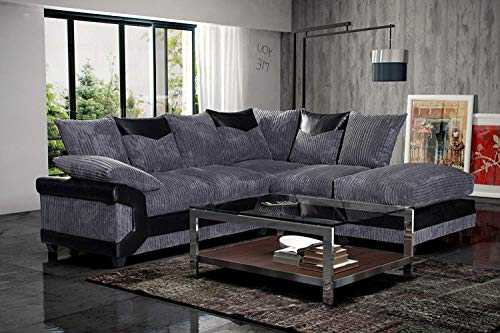 Red Fern Black & Grey Fabric Jumbo Cord Sofa Settee Couch 3+2 Seater Footstool Left Hand Right Hand Corner Sectional Couch Set (Right Hand Corner, Black & Grey)