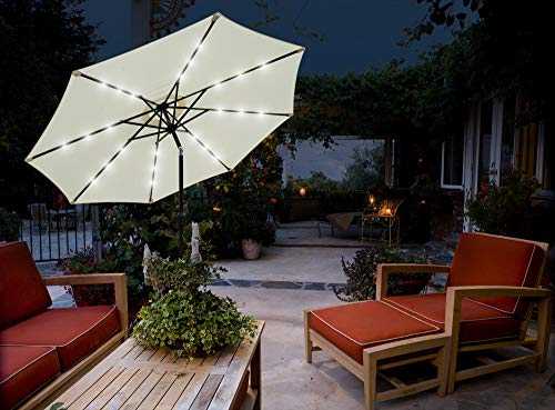 GlamHaus Garden Parasol Tilting Table Umbrella, Solar Lights, 2.7m, UV40+ Protection, Additional Parasol Protection Cover, Gardens, Patios (Cream)
