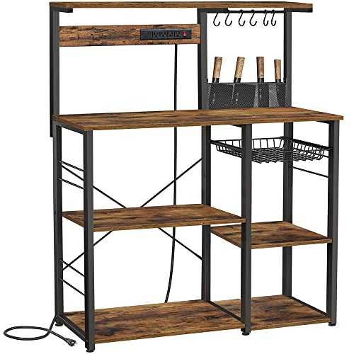 BEEWOOT Kitchen Bakers Rack with Power Outlet, Coffee Bar with 4AC Outlets, Kitchen Storage Shelf with Knife Holder, Microwave Stand, 6 S-Hooks, Utility Storage for Spices, Pots, and Pans, Mugs