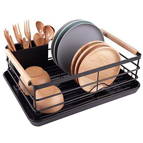 BRIAN & DANY Dish Drainer with Drip Tray, Wooden Handles, Black, 42 × 30 × 15 cm