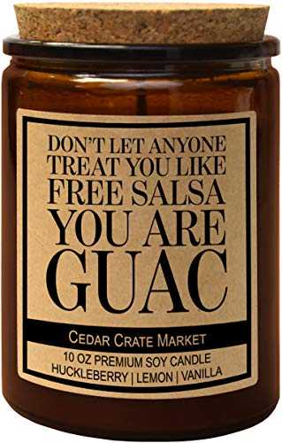Don't Let Anyone Treat You Like Free Salsa You are Guac, Kraft Label Scented Soy Candle, Huckleberry, Lemon, Vanilla, Glass Jar Candle, Made in The USA, Decorative Candles, Funny and Sassy (Amber)