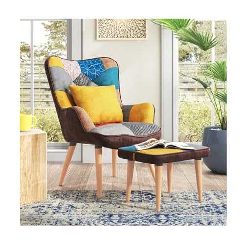 INMOZATA Armchair with Footstool Linen Fabric Rainbow Occasional Chair with Foot Rest High Wing Back Tub Dining Chair with Foot Stool for Living Room Bedroom Dining(Rainbow)