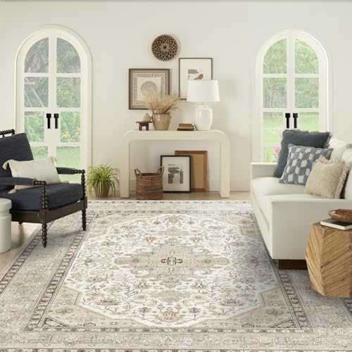 HILORUUG Washable Area Rug - 8x10 Bedroom Living Room Large Indoor Rugs Soft Oriental Vintage Rugs Non-Slip Backing Stain Resistant for Farmhouse Kitchen (8x10 Ivory/Pale Green)